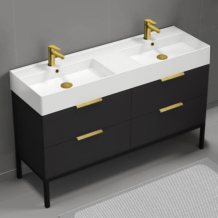 Bathroom Vanity Modern Black Double Bathroom Vanity, 56 Inch, Gold Handles, Free Standing Nameeks DERIN346